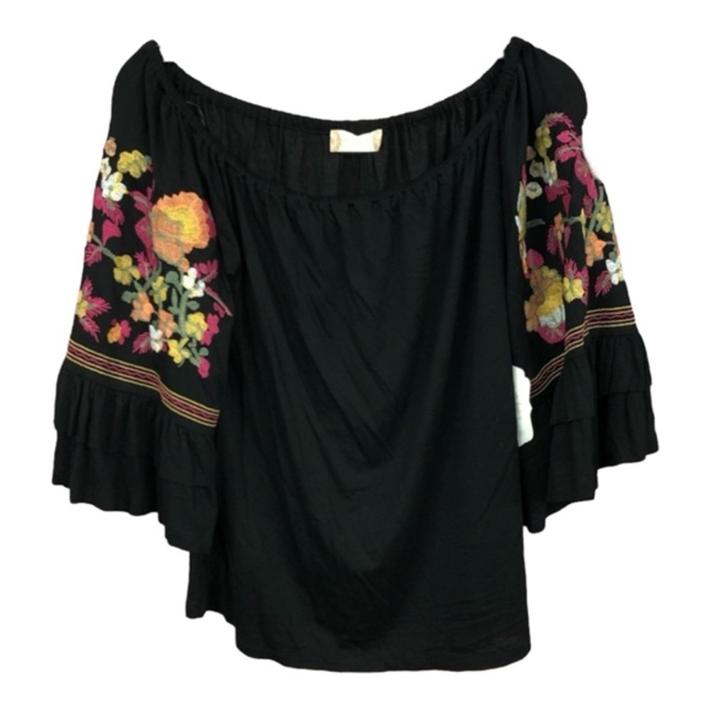 Altard State Black Floral Embroidered Off Shoulder Ruffle‎ Sleeve Top S